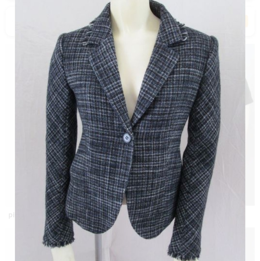 Theory 100% Wool Plaid Blazer Fringe